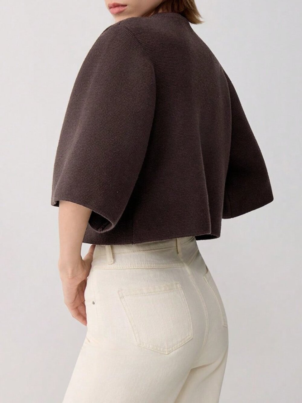 Brown Casual Women's Round Neck Short Button Knit Cardigan - Picture 2 of 6